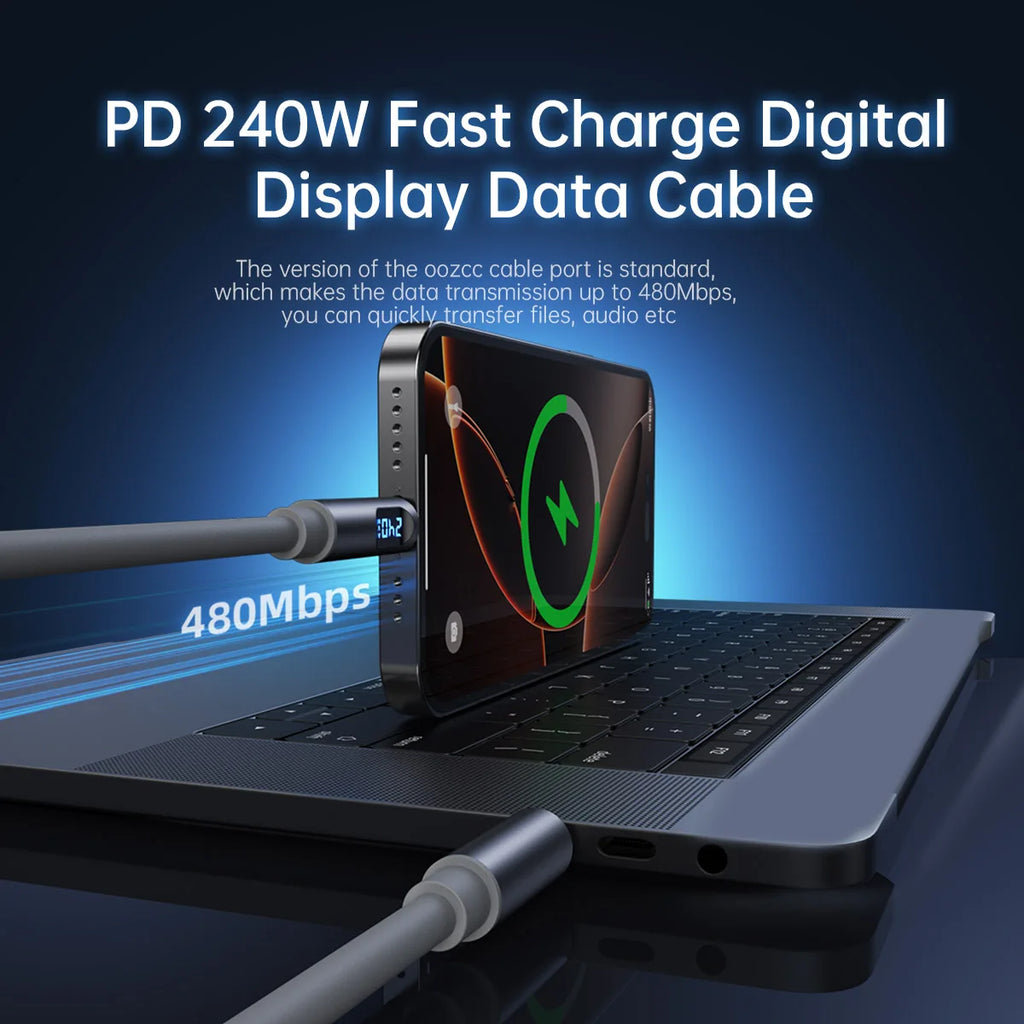 Cabo USB-C 240W Super Carregamento Rápido com Display LCD iPhone Samsung Redmi