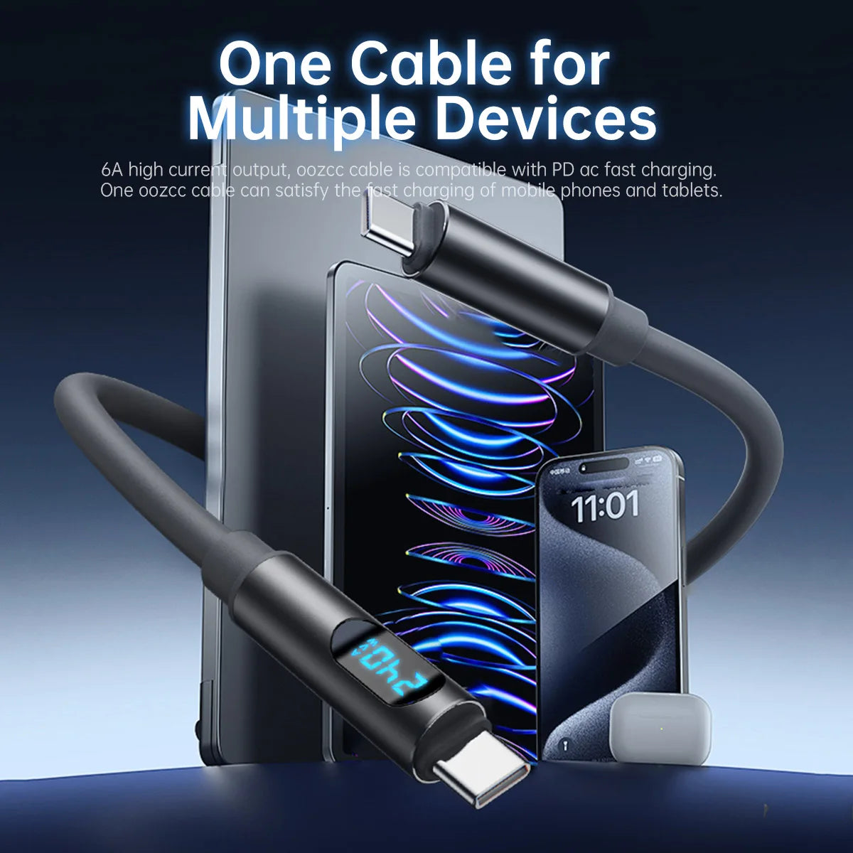 Cabo USB-C 240W Super Carregamento Rápido com Display LCD iPhone Samsung Redmi
