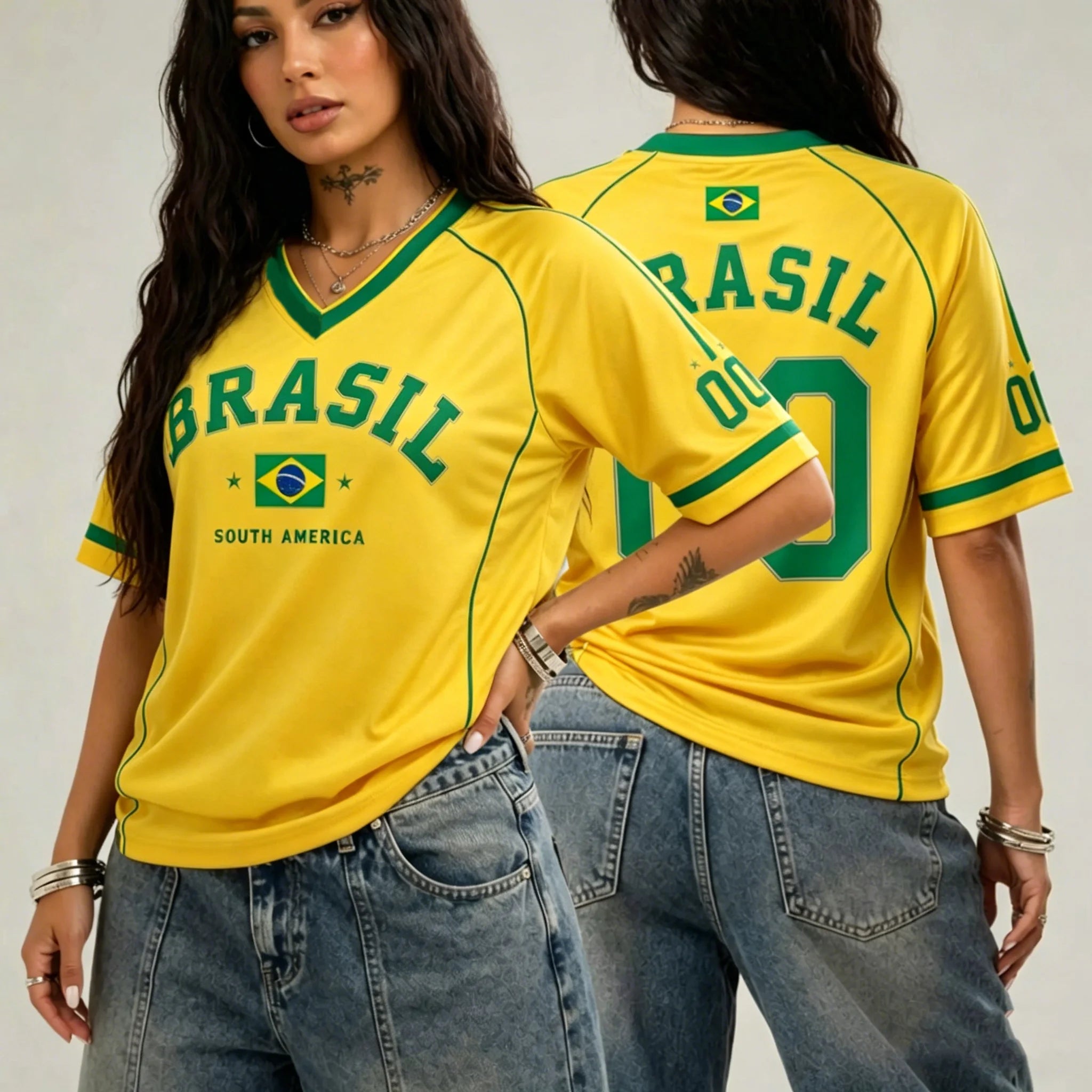 Camiseta Brasil Feminina – Gola V, Plus Size