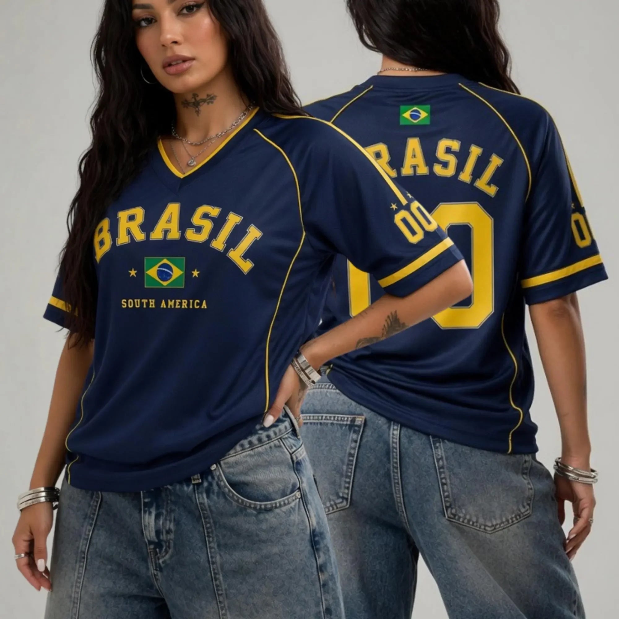 Camiseta Brasil Feminina – Gola V, Plus Size