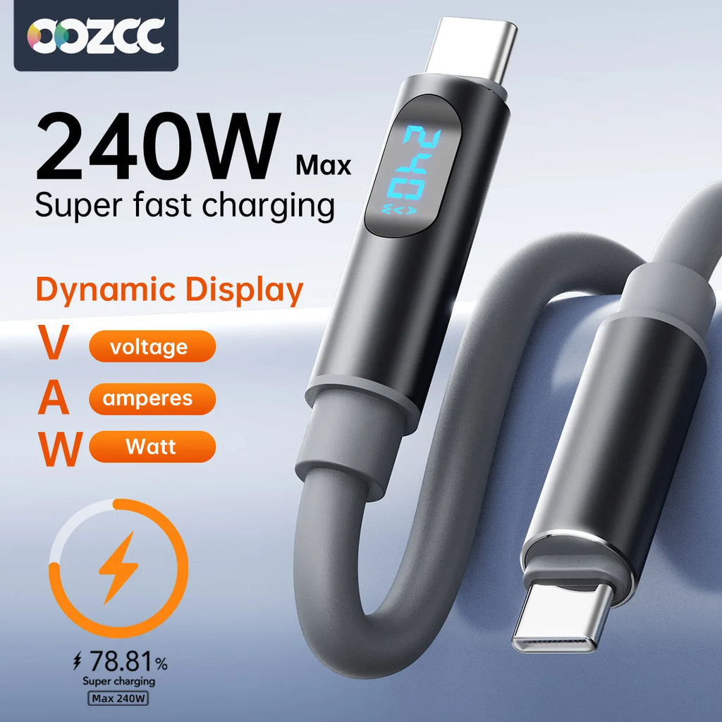 Cabo USB-C 240W Super Carregamento Rápido com Display LCD iPhone Samsung Redmi