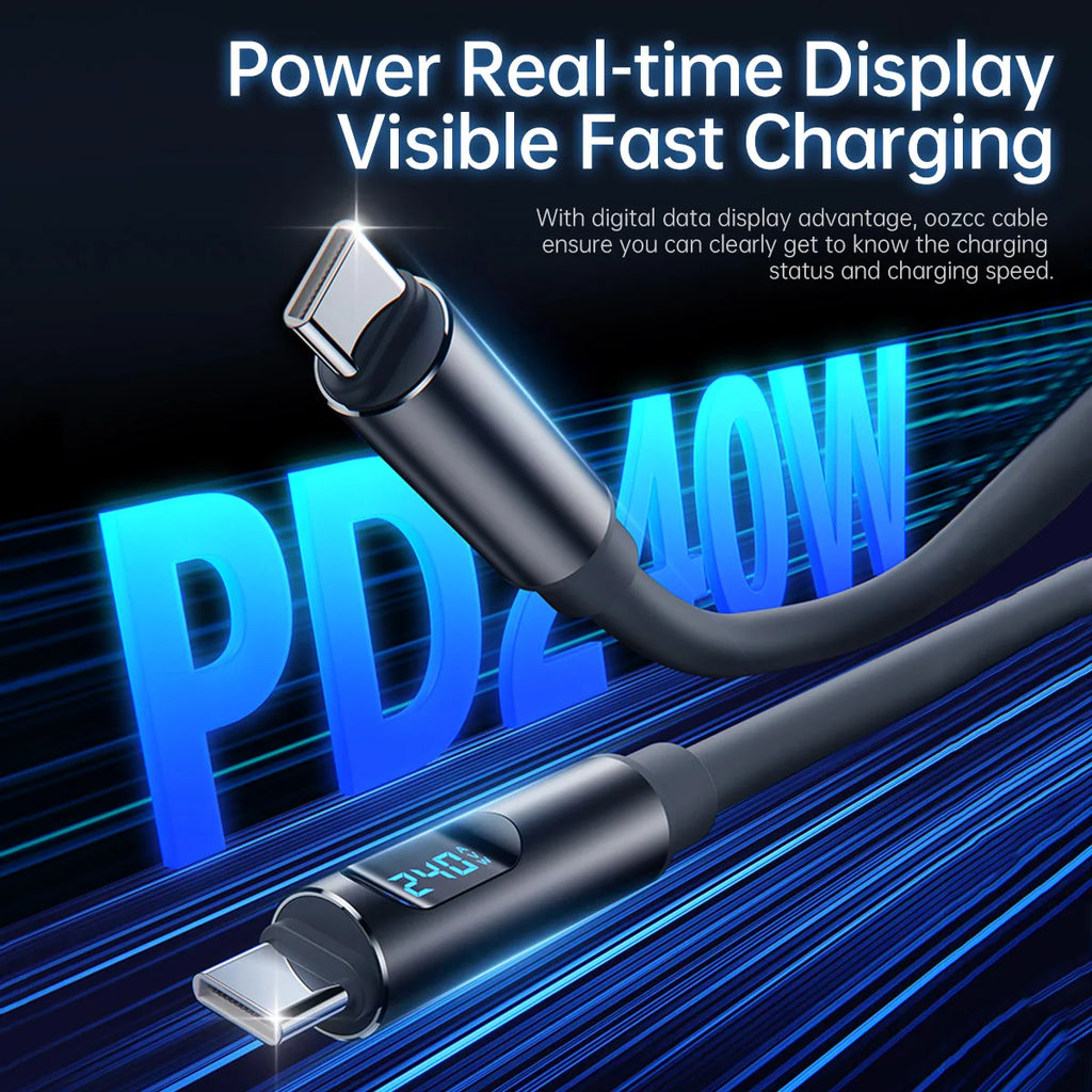 Cabo USB-C 240W Super Carregamento Rápido com Display LCD iPhone Samsung Redmi