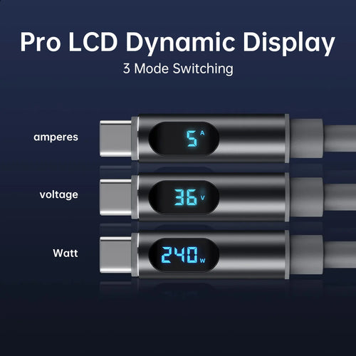 Cabo USB-C 240W Super Carregamento Rápido com Display LCD iPhone Samsung Redmi